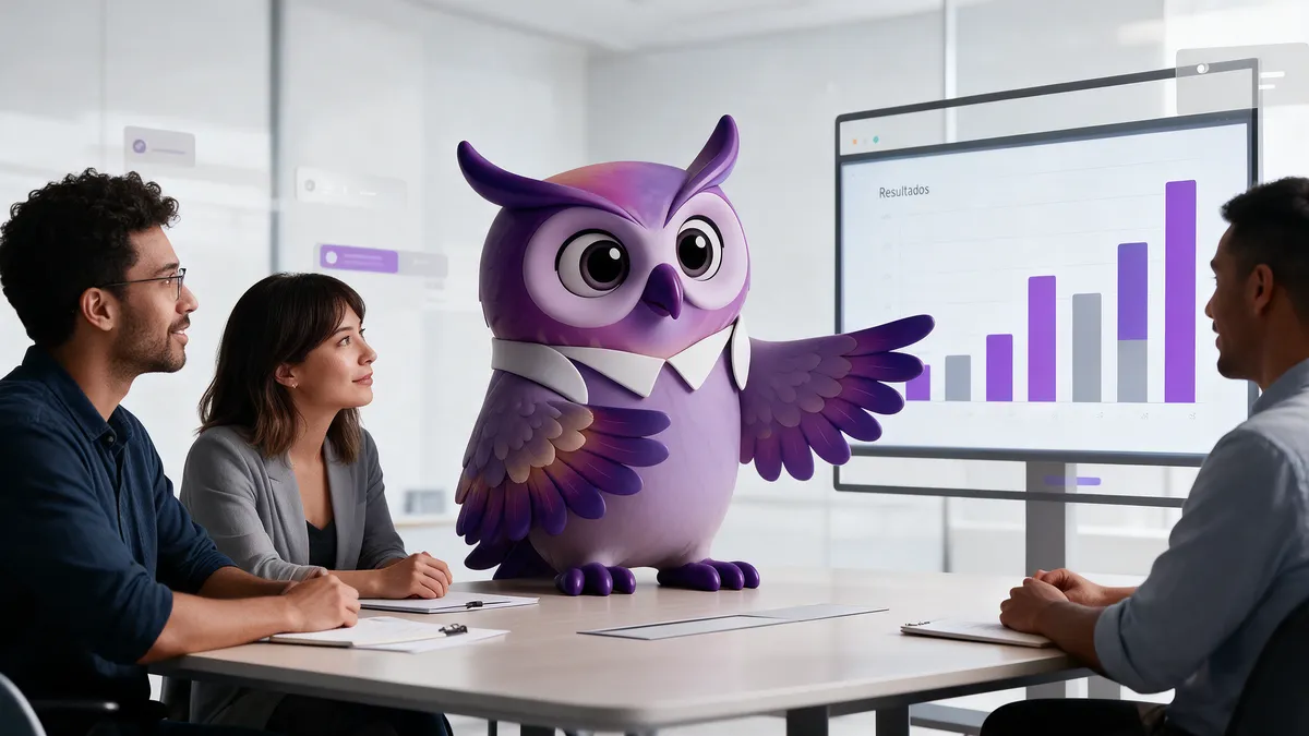 Íris apresentando resultados a uma equipe
